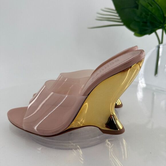 Schutz Womens Size 5.5 Aprill Vynil Slip On Open Toe Wedge Sandals Pink Gold - Picture 10 of 12